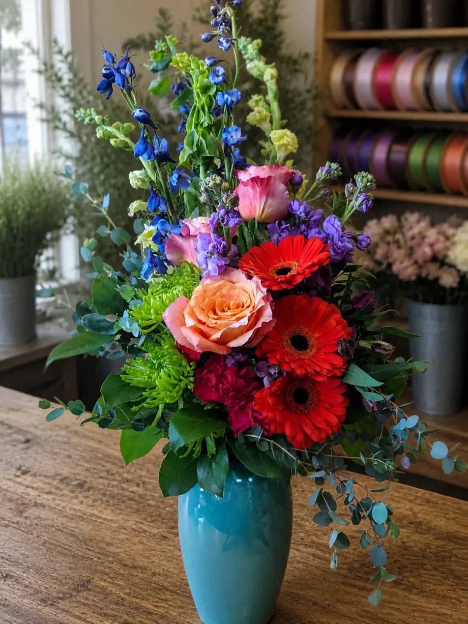A colorful florist-designed vase arrangement on the Butler's Florist workbench