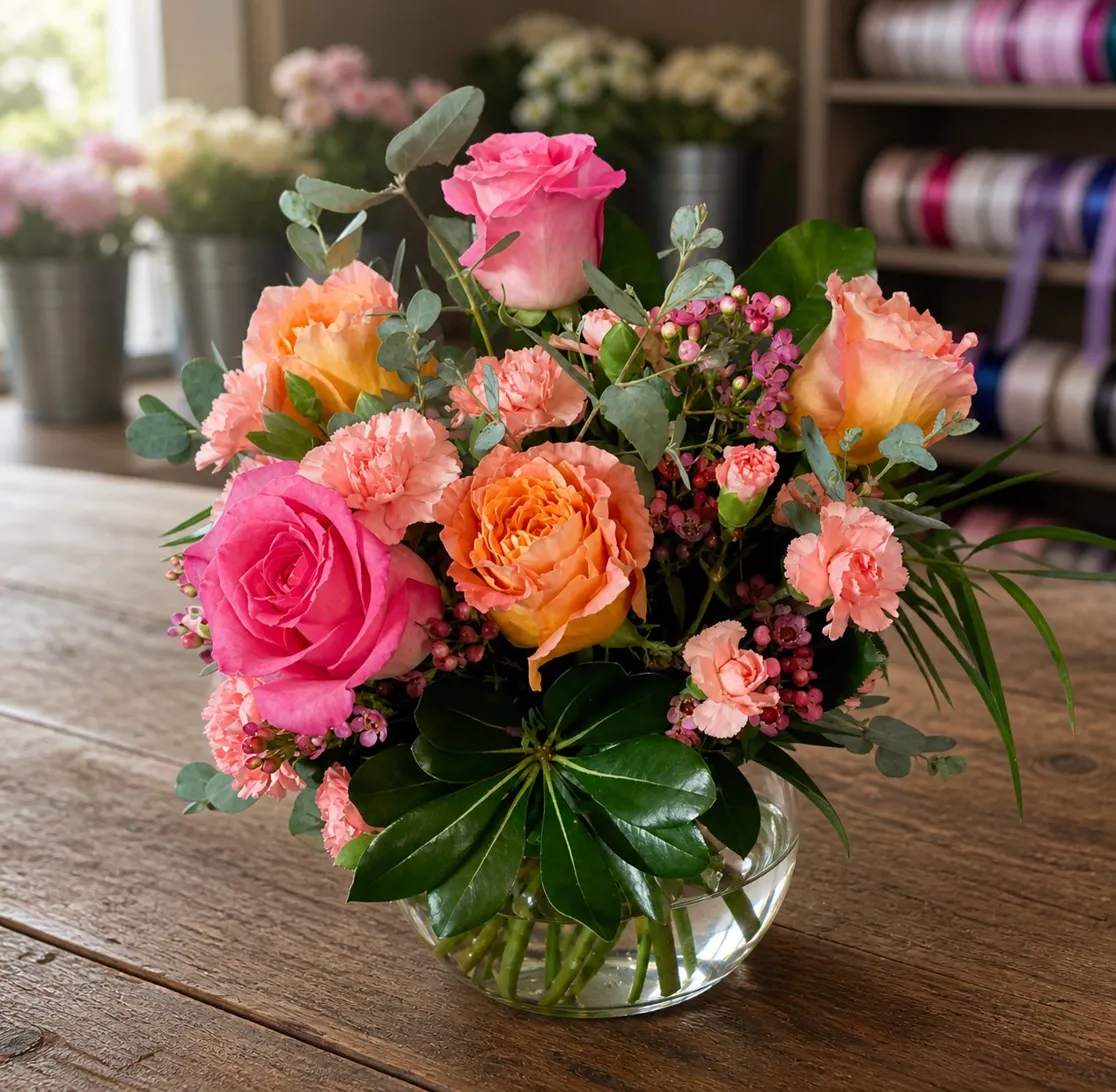 Bright pink and orange flowers arranged in a glass vase