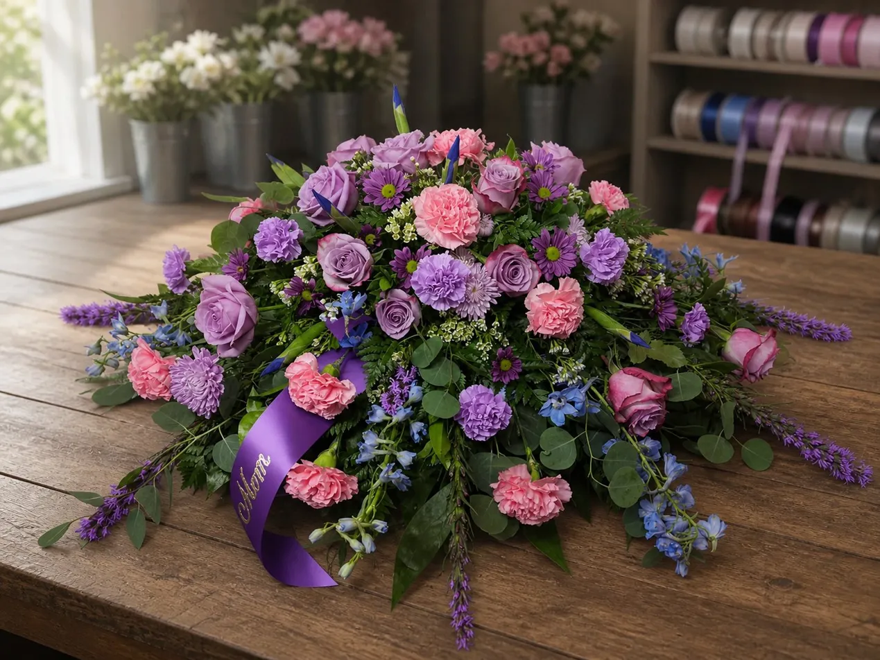 Lavender and purple casket spray with Mom sash