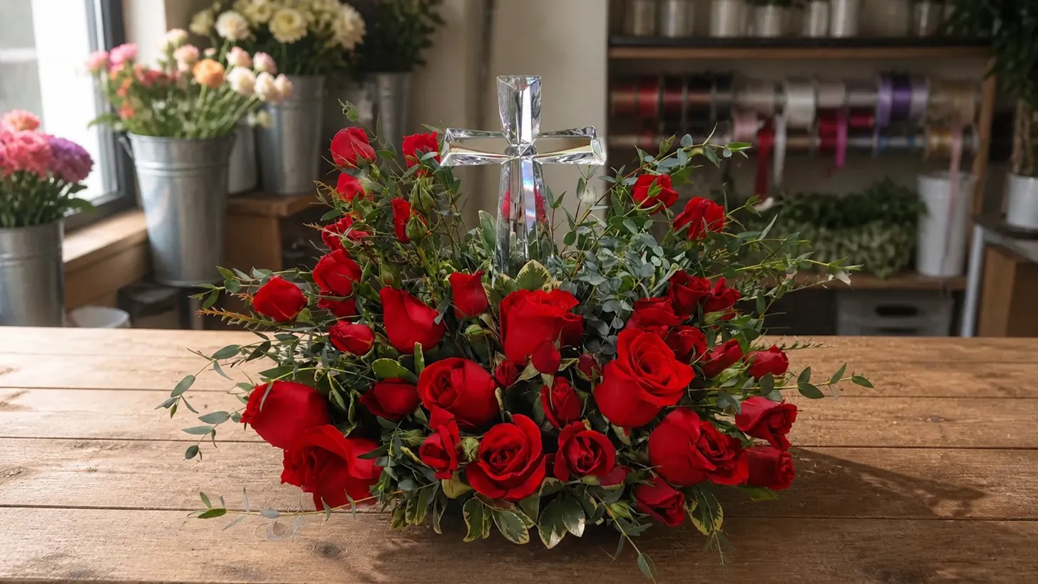 Red roses sympathy arrangement with a crystal cross