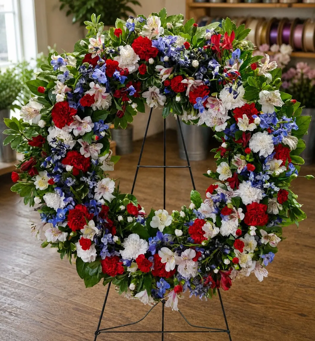 Red, white, and blue funeral wreath on a standing easel