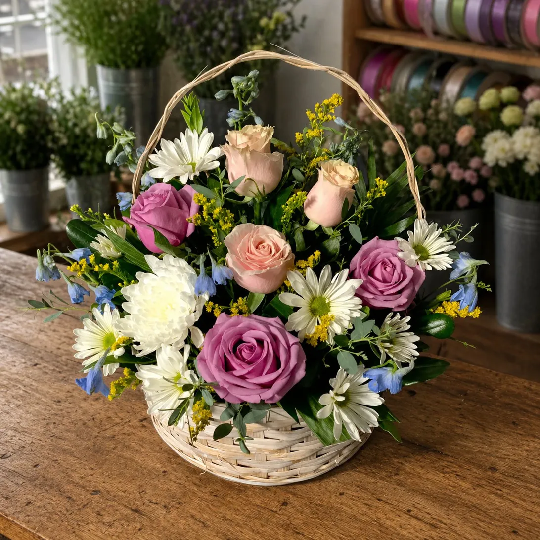 A soft new-baby arrangement in a white basket with pastel blooms at Butler's Florist in Ottawa, Kansas.