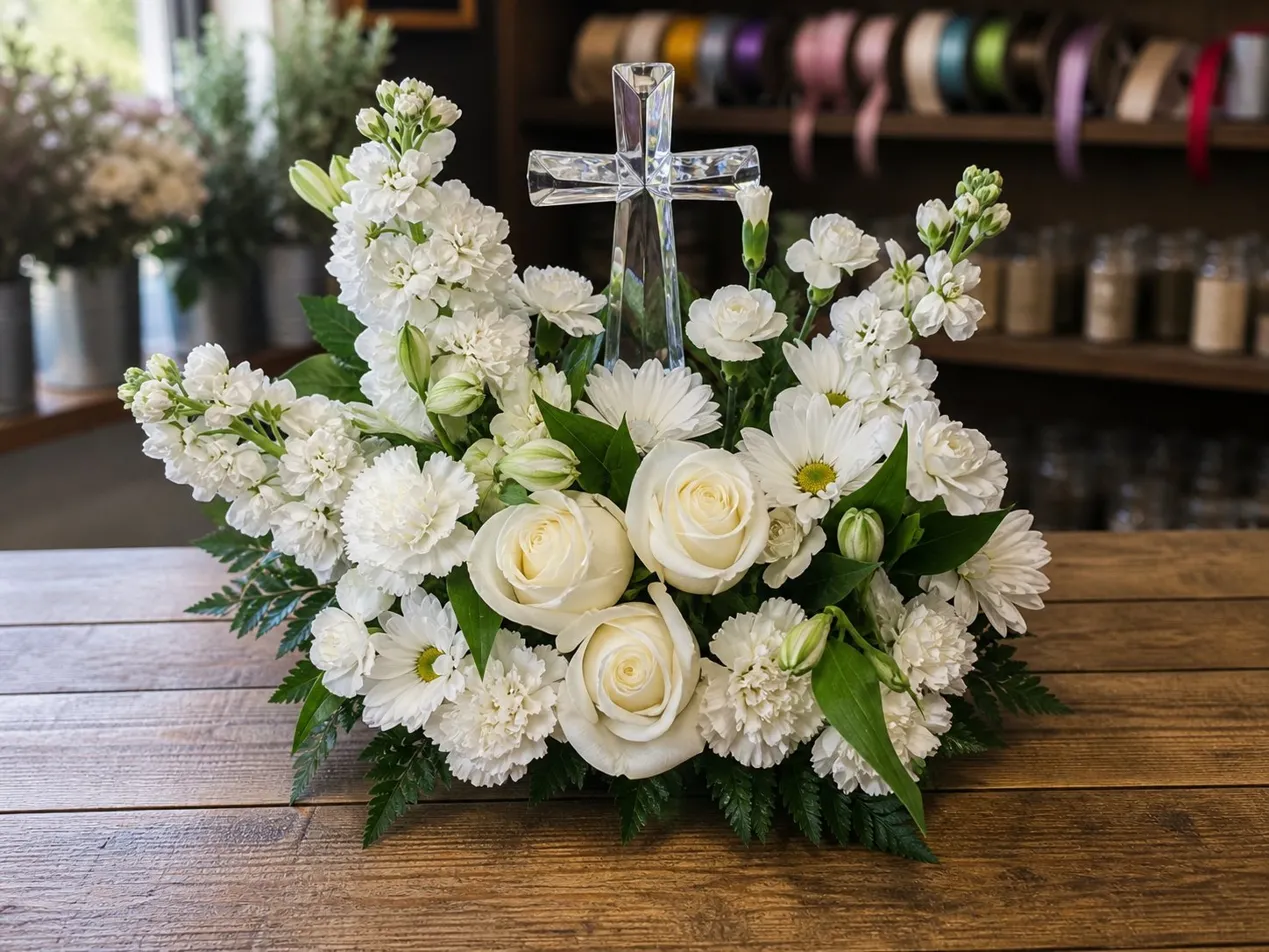 White sympathy cross arrangement with greenery